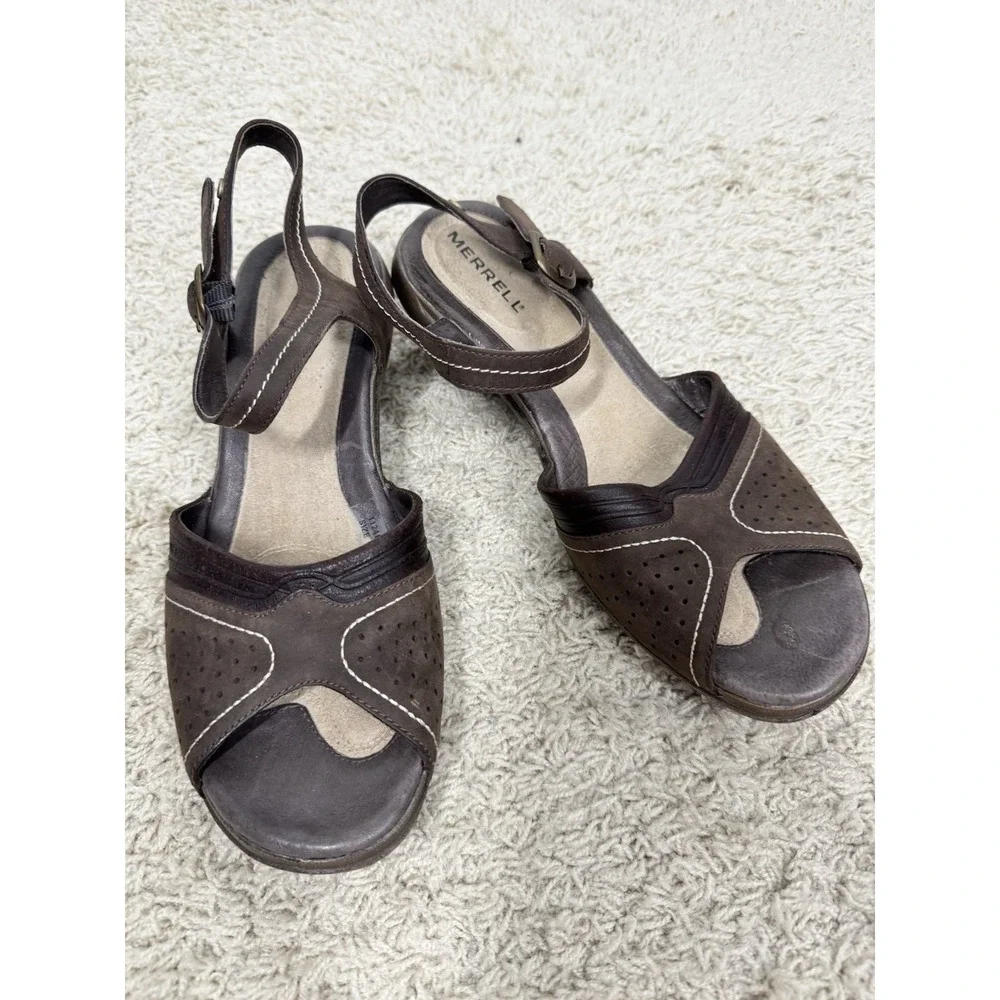 Merrell Womens Luxe Strap Coffee Brown Leather Slingback Open Toe Sandals Size 9
